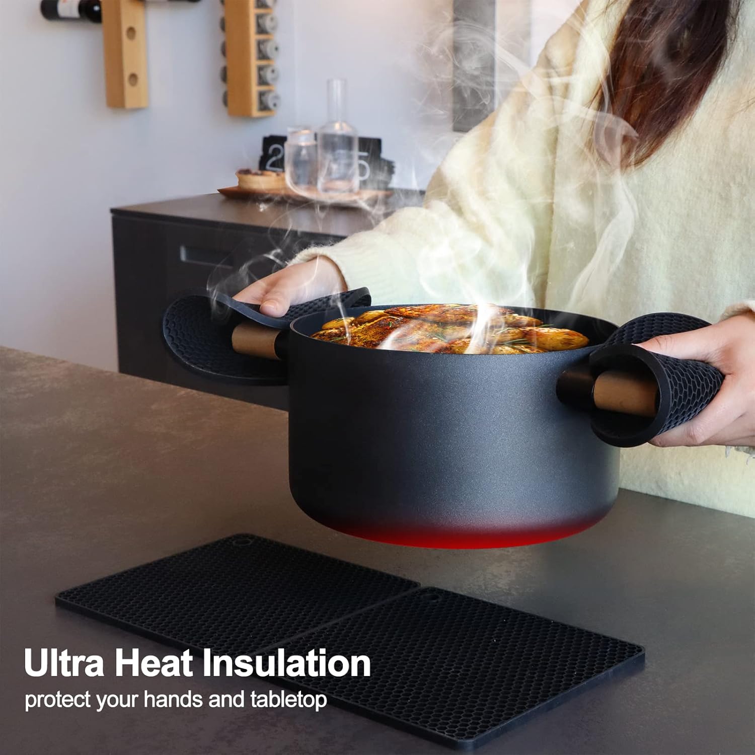 Salvamanteles de silicona para platos calientes, 4 alfombrillas resistentes al calor para encimeras, almohadillas calientes antideslizantes