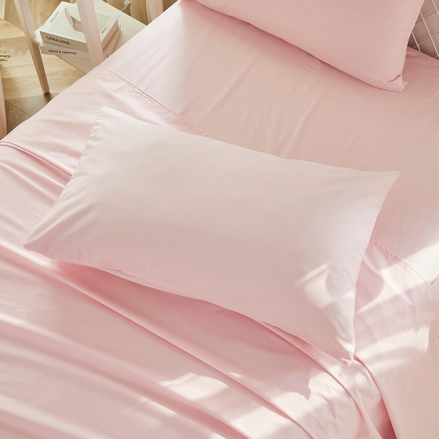 Brandream Juego de sábanas para niñas, tamaño individual, ropa de cama para niños, color rosa, 100% algodón orgánico, 3 piezas, color liso, suave y