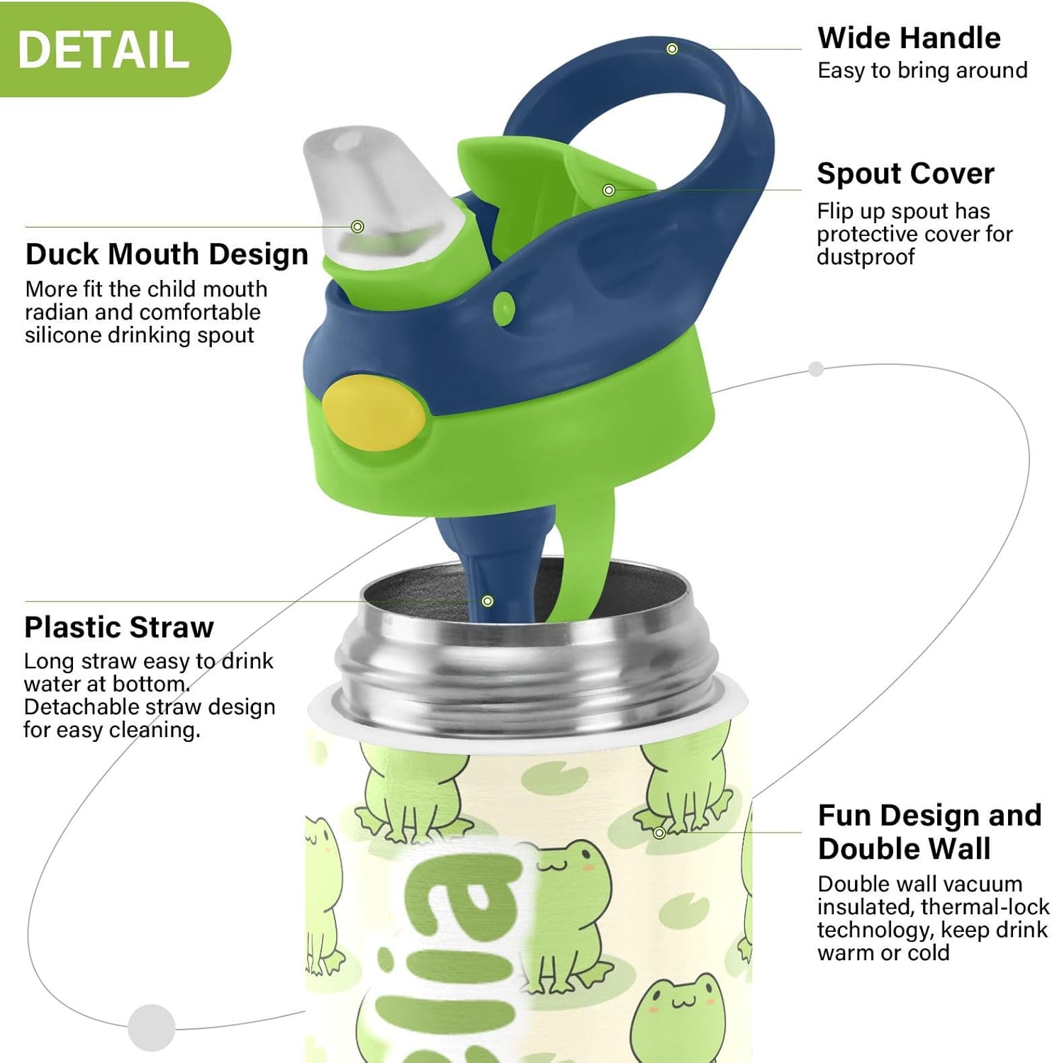 Cute Frog – Botella de agua aislada personalizada con pajilla, botella de agua al vacío de acero inoxidable personalizada para viajes y oficina