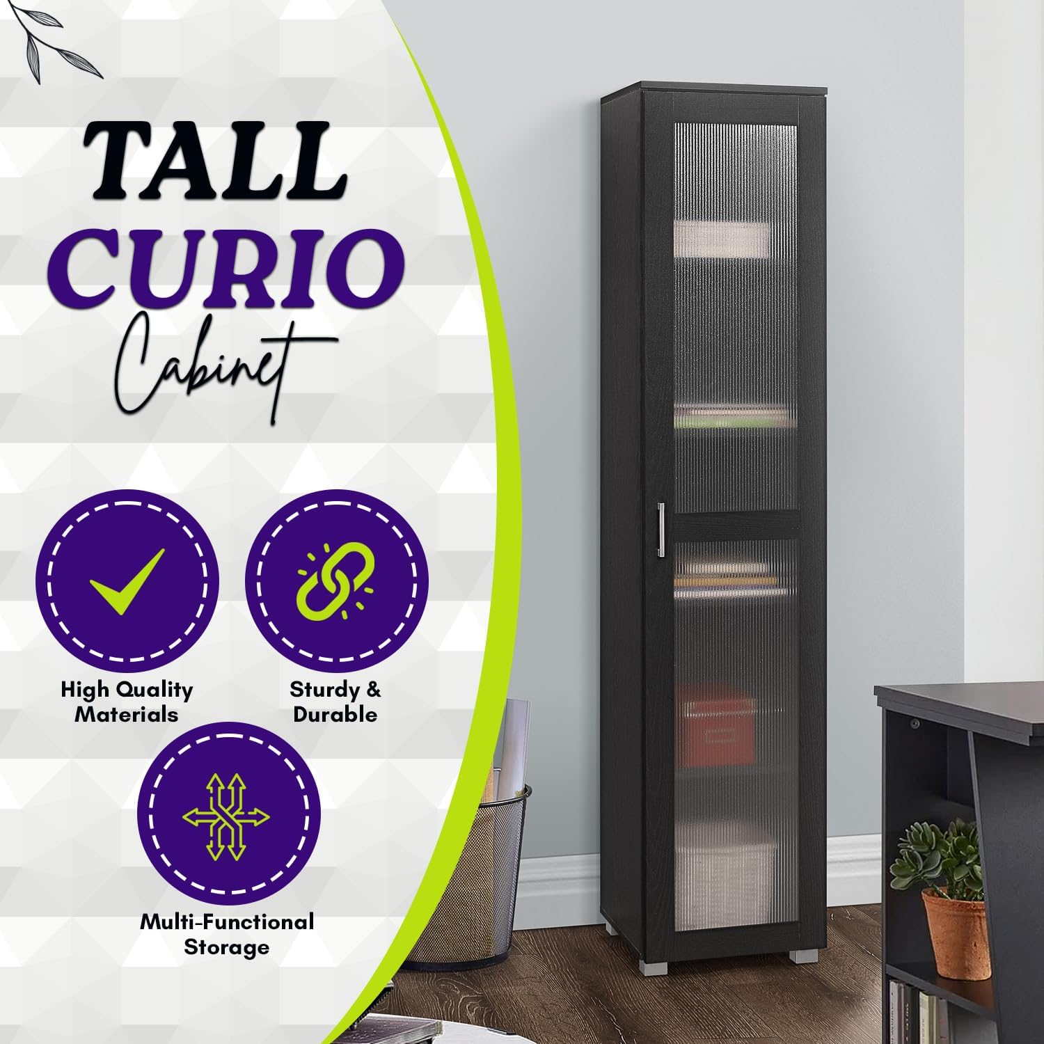Kings Brand Furniture Romero – Armario de almacenamiento alto Curio, estantería alta perfecta para sala de estar, cocina, dormitorio y oficina,