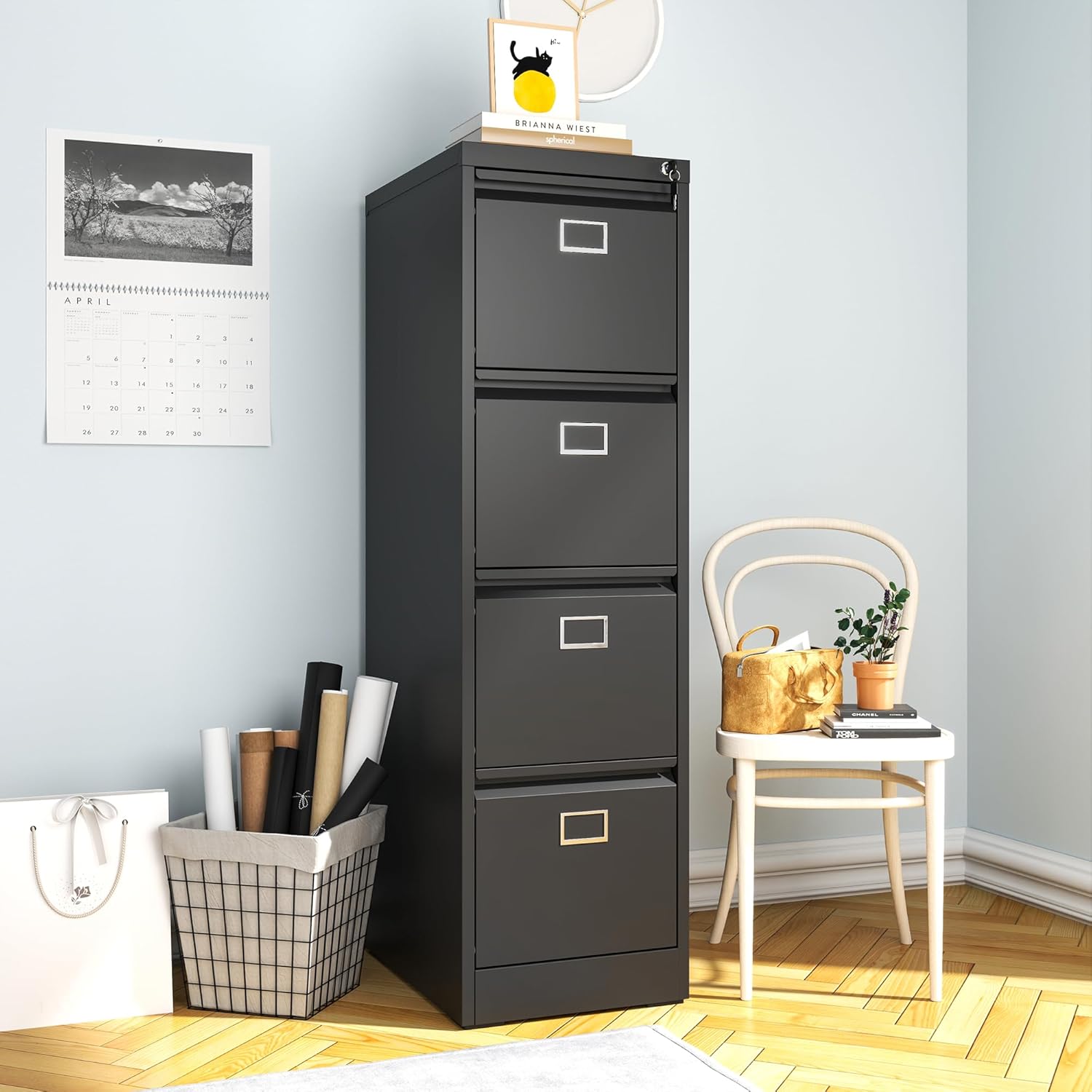Archivador de 4 cajones, archivadores verticales de metal con cerradura para oficina en casa, archivador de acero de oficina resistente para colgar