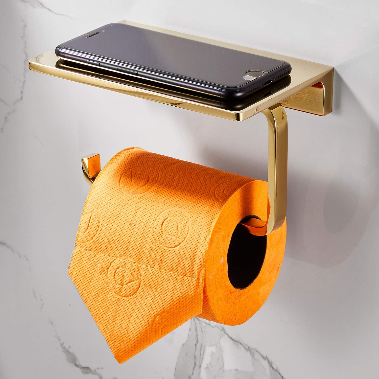 Soporte de papel higiénico para baño, latón macizo y soporte de rollo de papel de hotel superior con almacenamiento de teléfono celular, acabado
