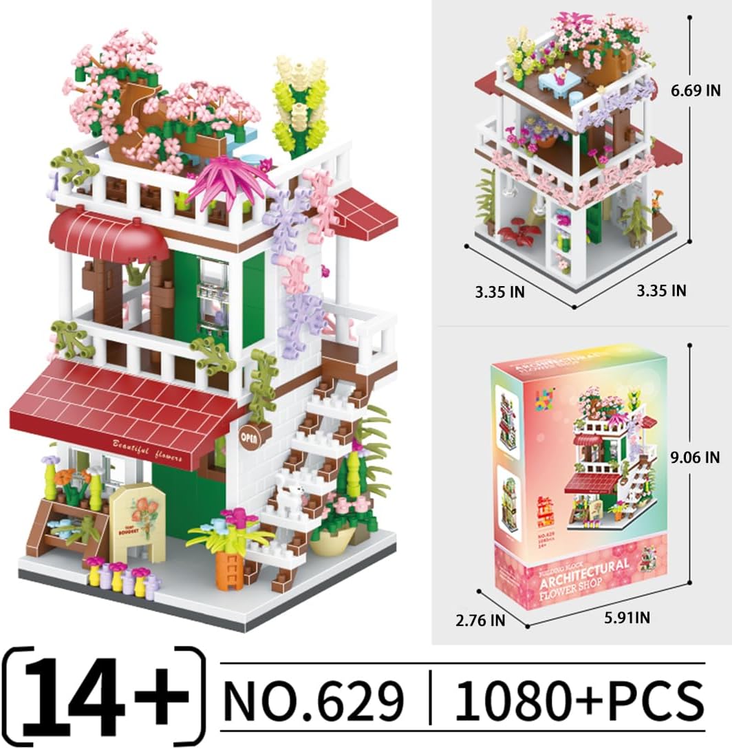 Juego de bloques de construcción de mini casa, MOC Street Store (1085 piezas), buena idea de regalo para niños y niñas (floristería)