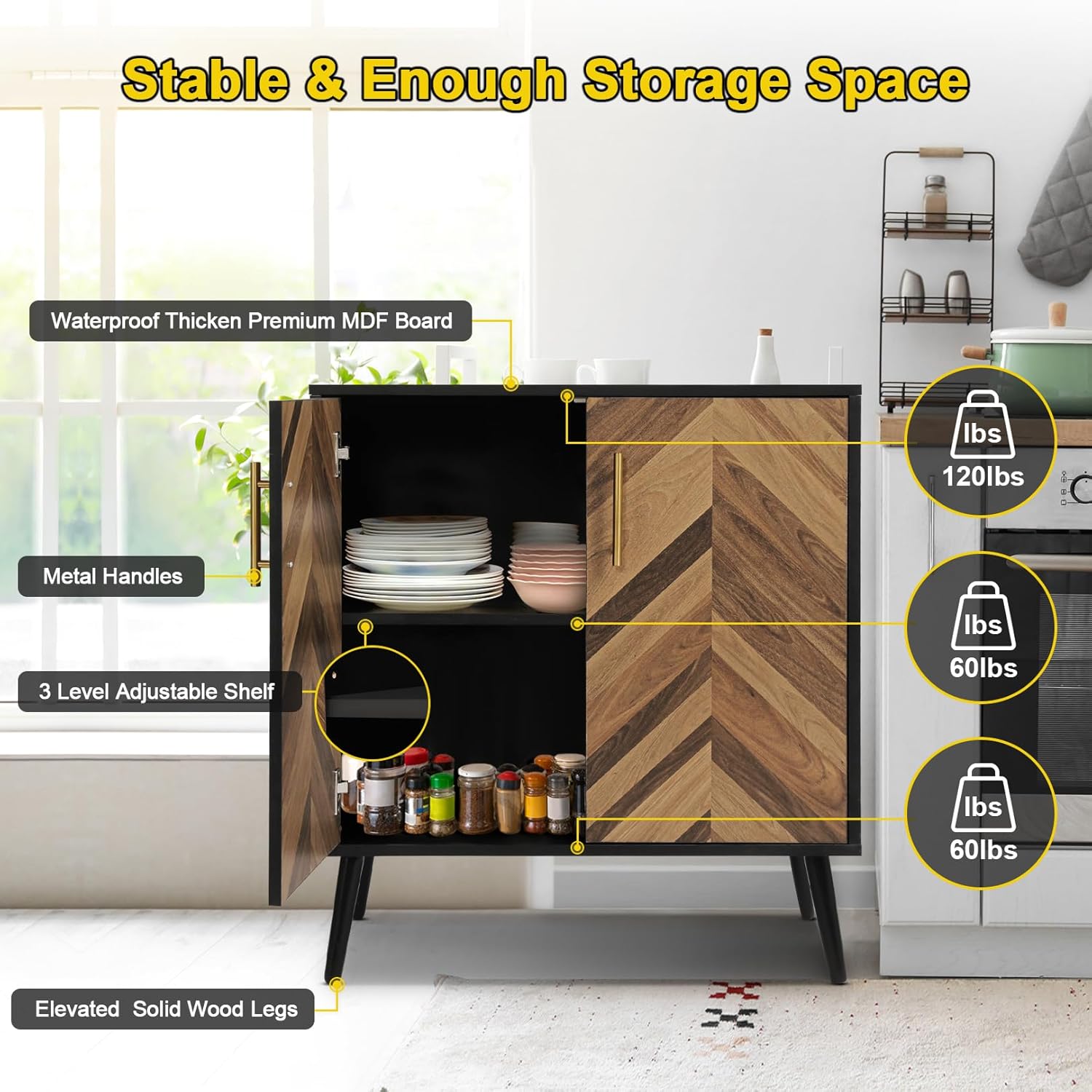Juego de 2 armarios decorativos de almacenamiento con puertas y estantes, moderno aparador con almacenamiento, armarios independientes Credenza de