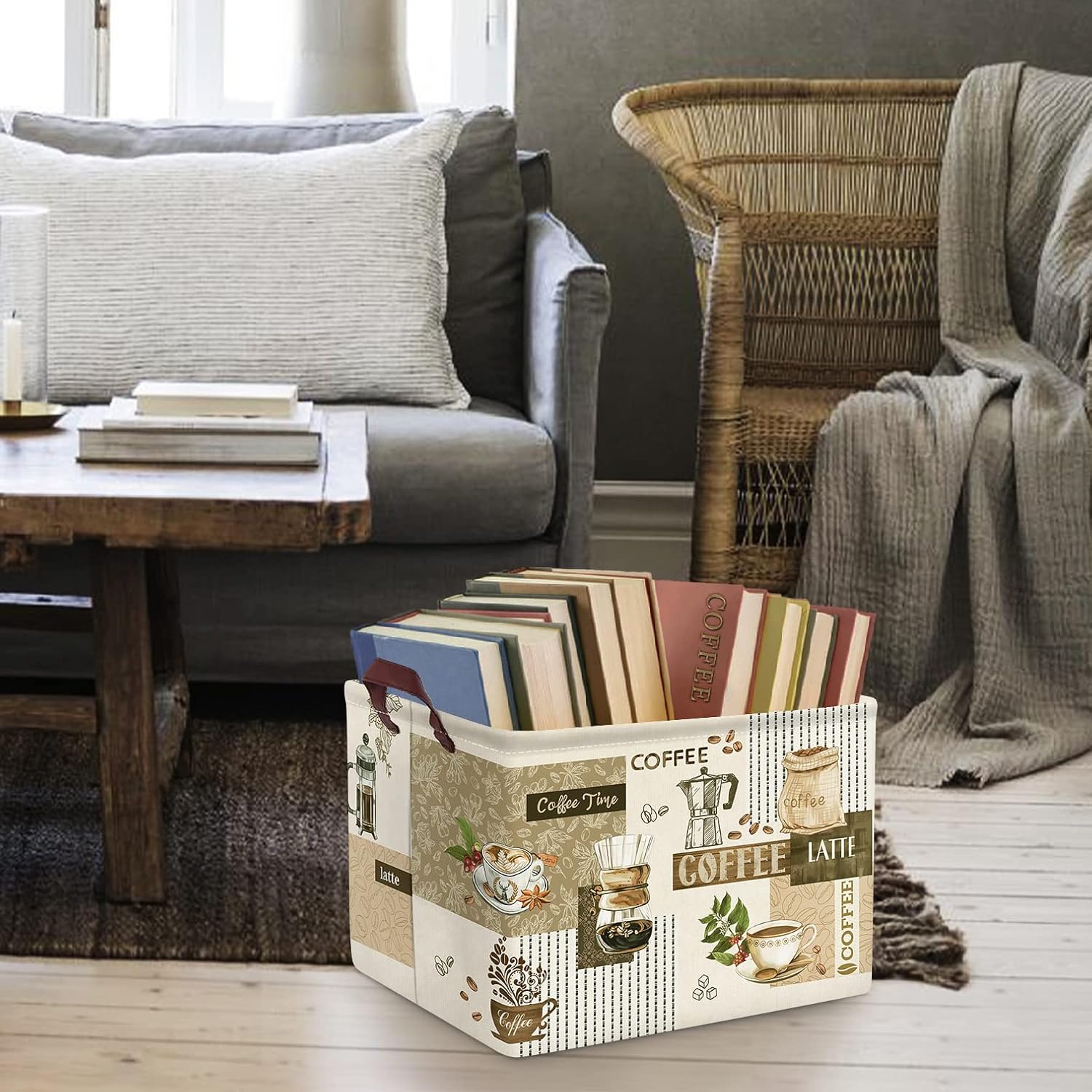 Clastyle Cesta de almacenamiento grande con temática de café, taza de granos de café, aperitivos, cocina, cesta rectangular marrón para ropa, libro