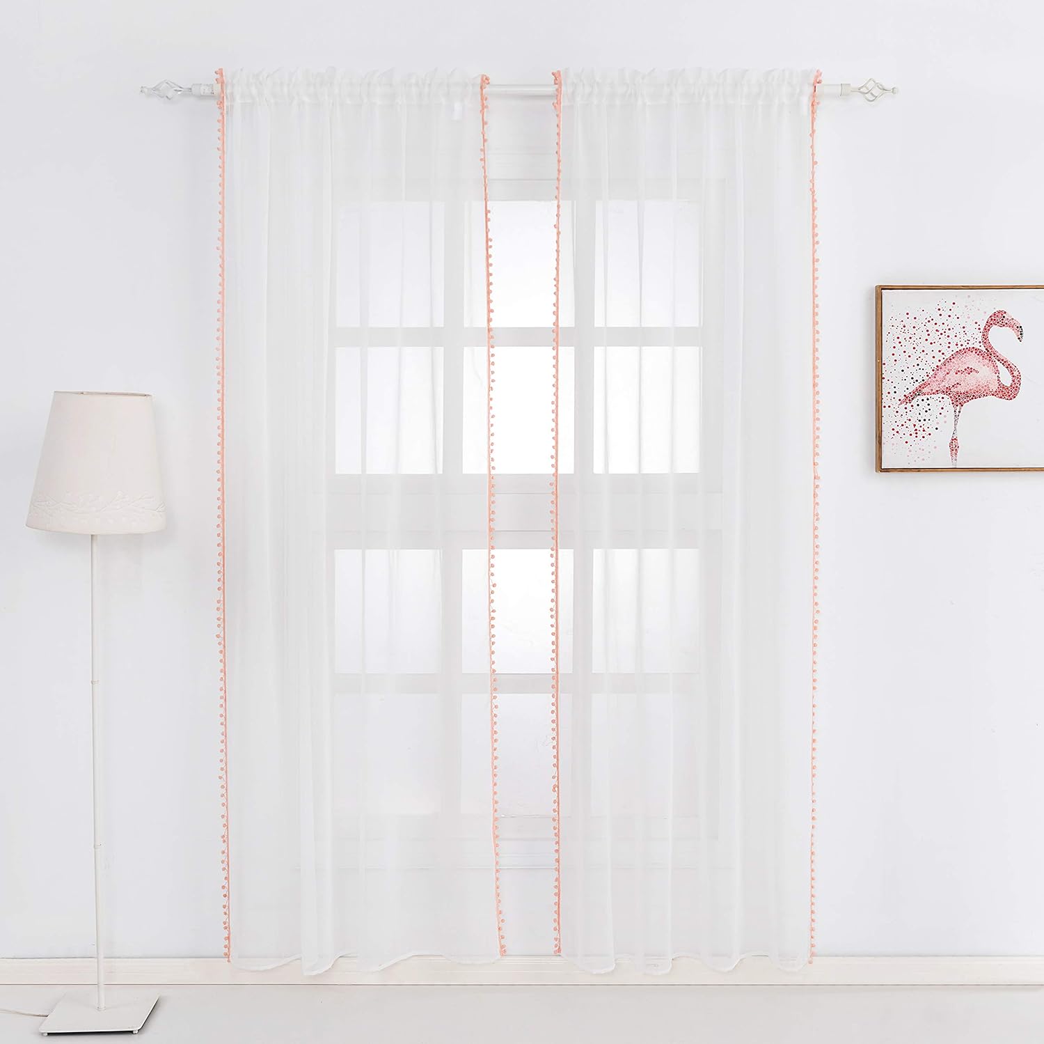 Selectex – Cortinas de gasa semitransparentes con diseño de cenefa de borlas, con bolsillo para barra, para sala de estar o habitación, juego de 2