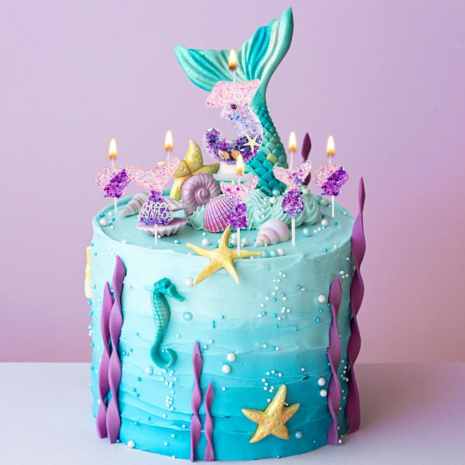 Velas de número de sirena, 6 piezas de decoración de pastel de sirena, velas numéricas de lentejuelas, color rosa y morado, centros de mesa para
