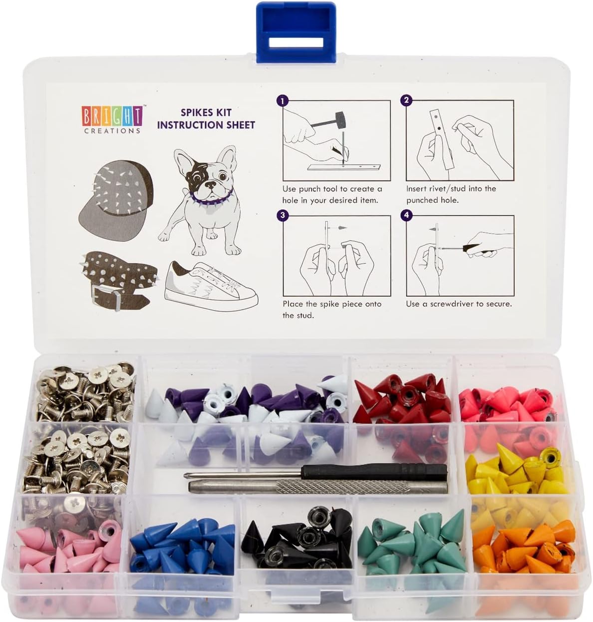 Bright Creations Juego de 230 piezas de pinchos y tachuelas coloridas para manualidades y ropa con herramientas y caja de almacenamiento de rejilla
