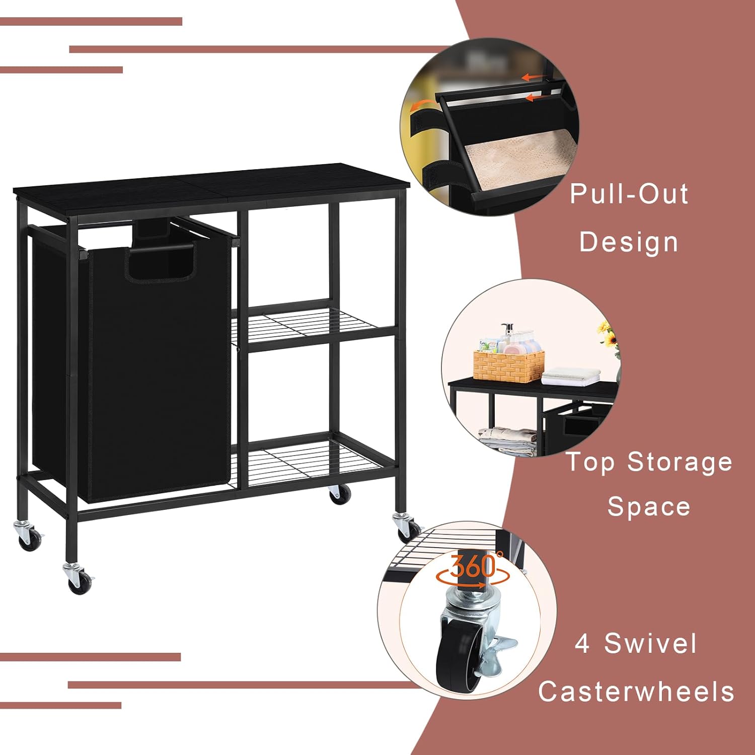 Clasificador de ropa con estante lateral de hierro, cestas de lavandería con bolsas extraíbles y extraíbles de 45 L, cesta de ropa con ruedas,