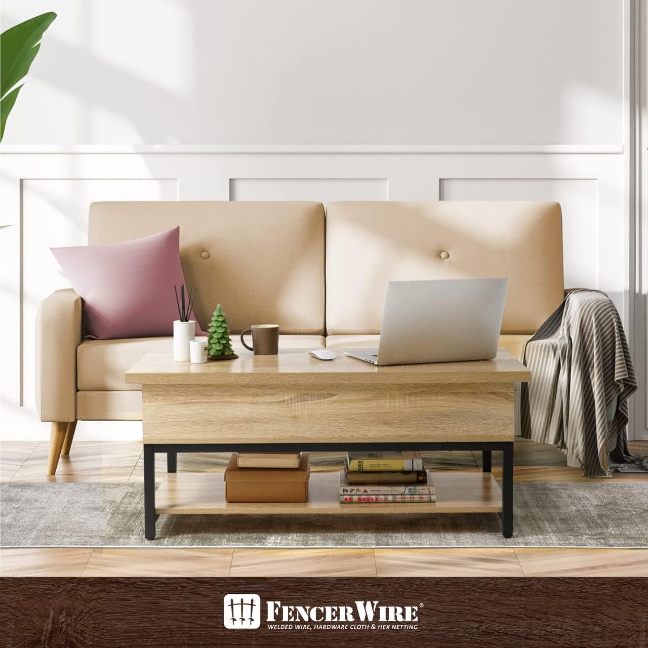 Fencer Wire Mesa de centro elevable con almacenamiento, mesa de centro con estante inferior abierto, mesa de centro de almacenamiento con elevador