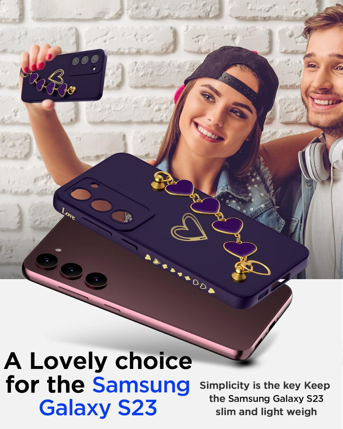 AICase Funda para Galaxy S23 Heart para mujer, protección de lente de cámara, bucle para tira de mano, bonita funda suave y delgada a prueba de