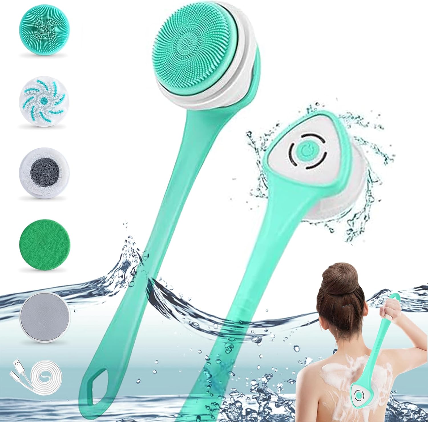 Cepillo eléctrico recargable para la parte posterior de la ducha, mango largo, exfoliante, rotativo, para ducha, baño, limpieza facial, limpiador de