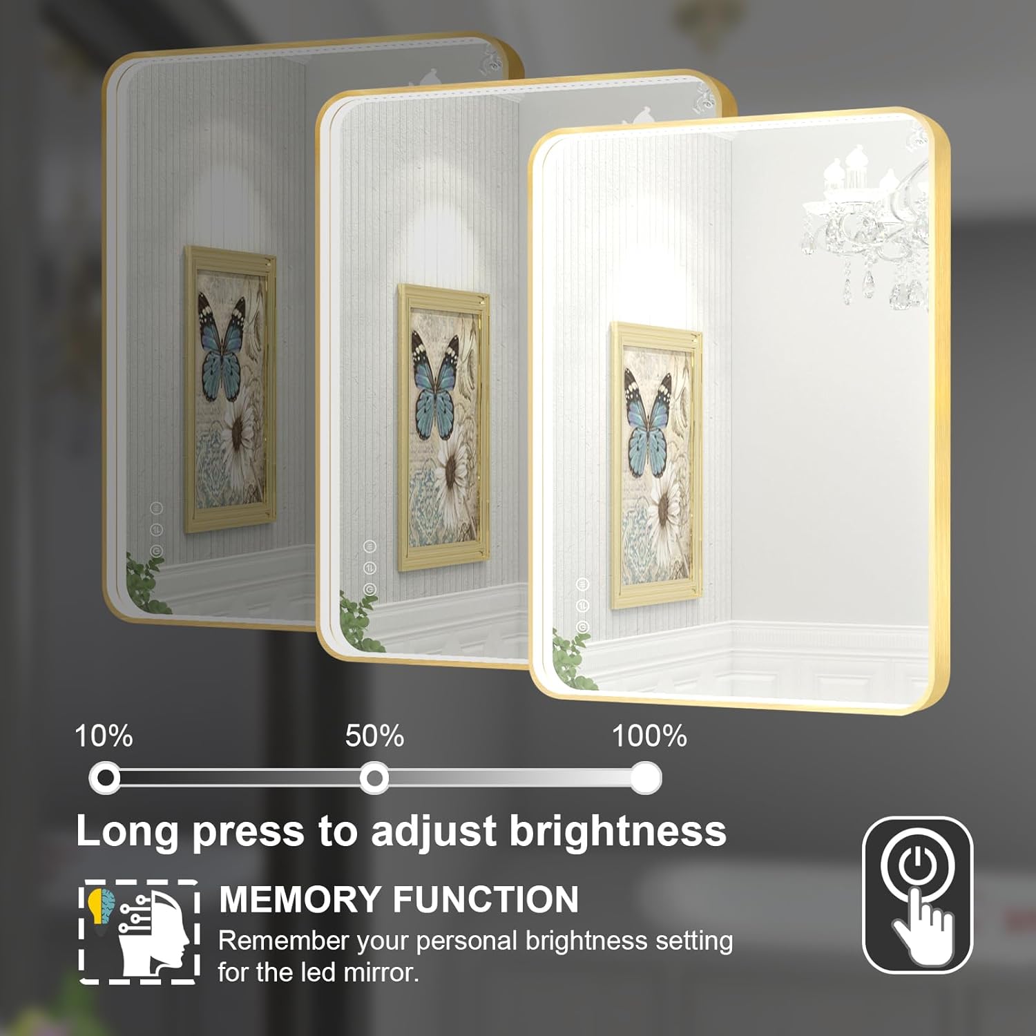 Twalsu Espejo de baño LED de 24 x 36 pulgadas con luces, espejo LED con marco de metal dorado para baño, 3 colores y espejo de tocador iluminado