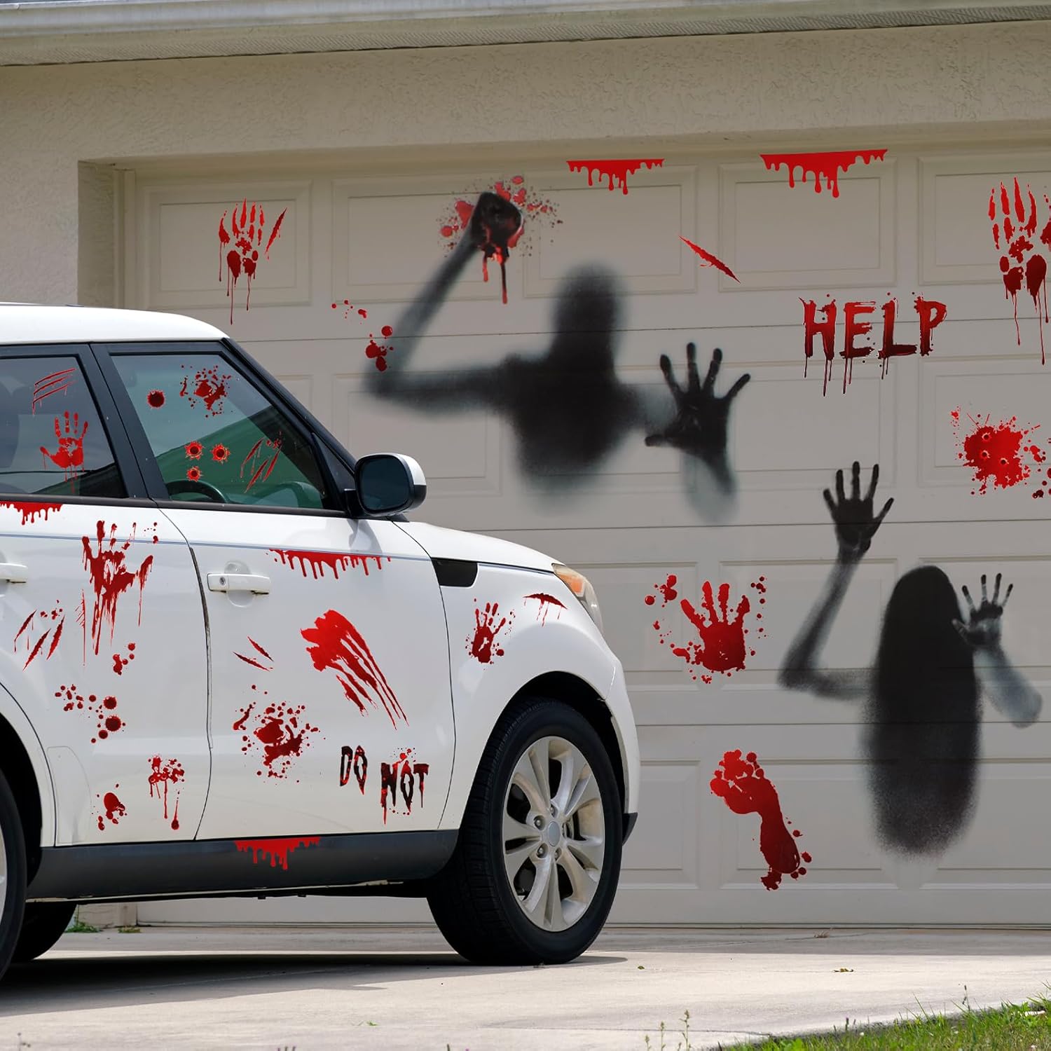 19 hojas de calcomanías de Halloween para ventana de automóvil, calcomanías rojas aterradoras y sangrientas, huellas de manos, huellas de terror,