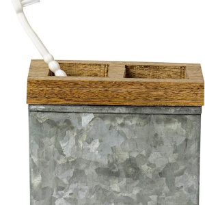nu steel Soporte para cepillos de dientes de baño y organizador de maquillaje en acero galvanizado y madera para baños y espacios de tocador nu steel Soporte para cepillos de dientes de baño y organizador de maquillaje en acero galvanizado y madera para baños y espacios de tocador