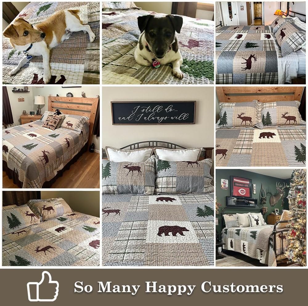 PERHOM Juego de edredón tamaño Queen  Juego de ropa de cama reversible de 100% algodón, diseño de mosaico, oso marrón, ciervo, retazos, con 2 fundas