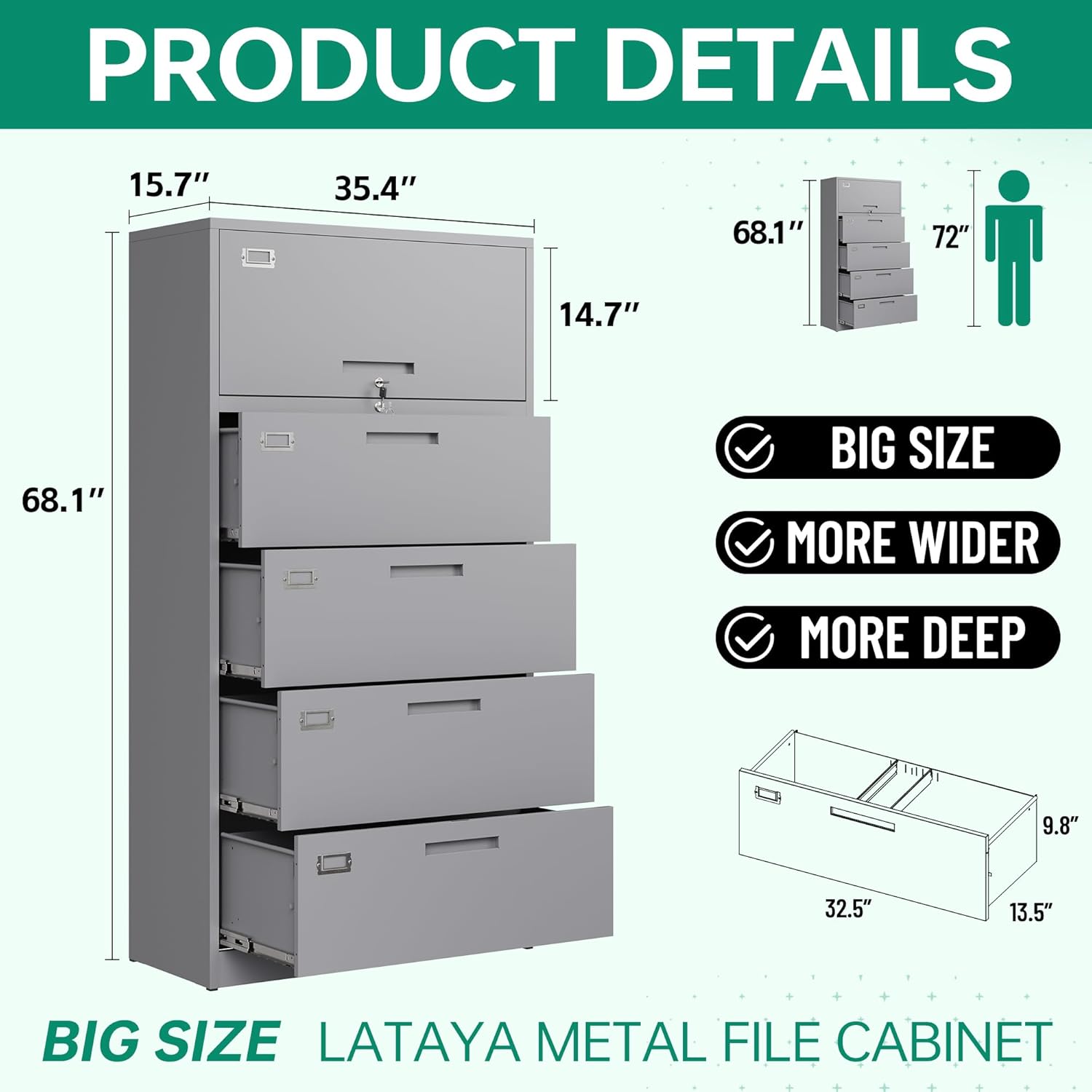 Letaya Archivadores para oficina en casa, archivadores laterales de metal de 4 cajones con cerradura, archivos colgantes tamaño cartalegalF4A4 (gris)