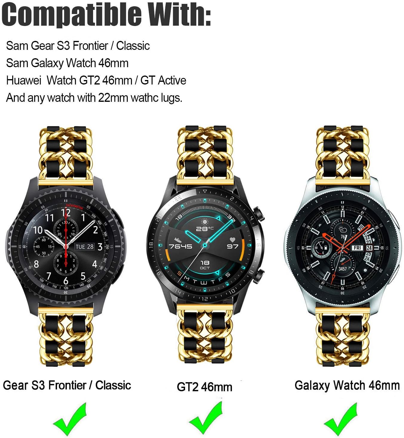 Correas compatibles con Galaxy Watch de 1.811in, correa de cadena de metal de acero inoxidable de 0.866in, repuesto para Samsung Gear S3