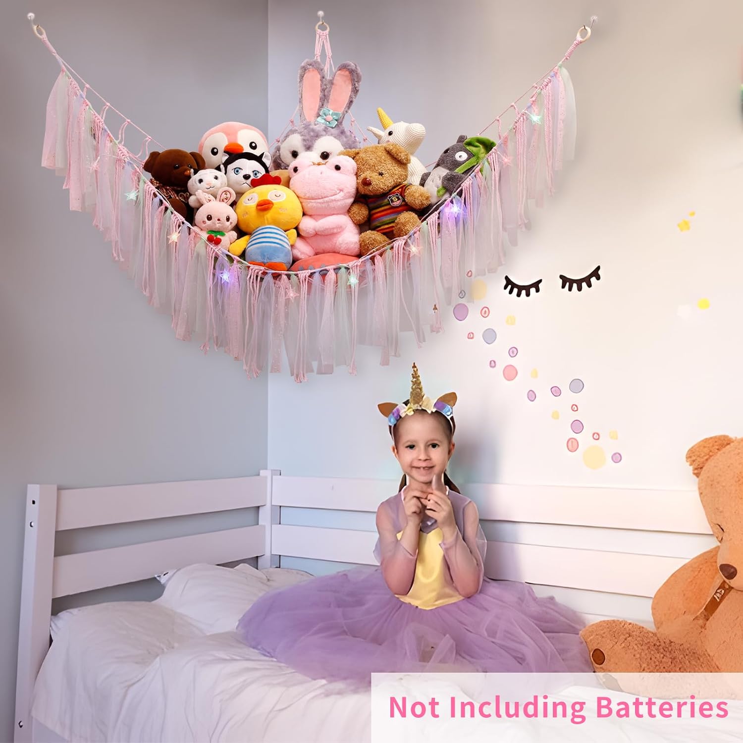 YELIENM Red de animales de peluche o hamaca con luz LED, red de hamaca de juguete de 59 pulgadas para animales de peluche, para colgar en la