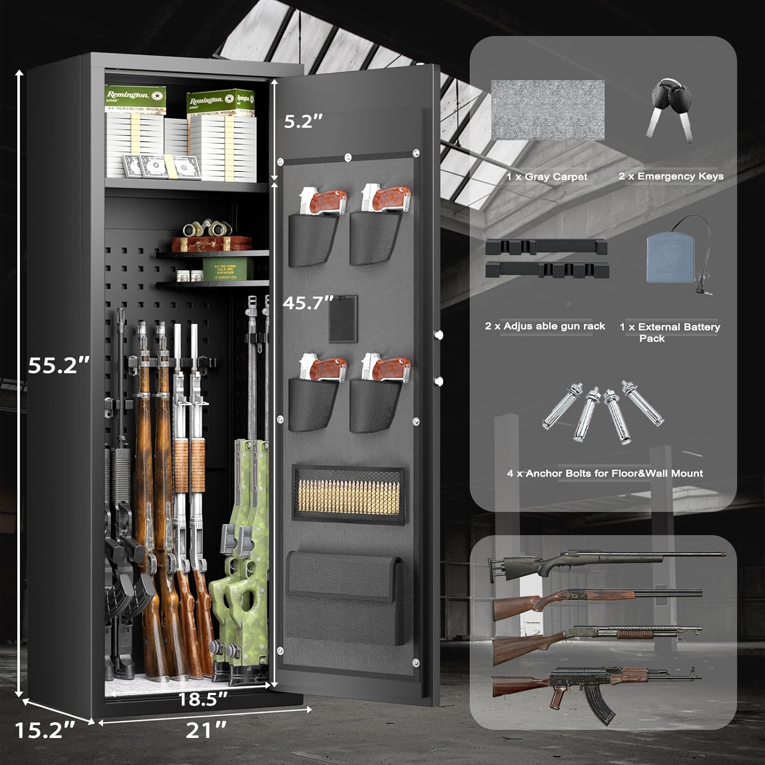 INTERGREAT Caja fuerte para pistola de rifle 10-12 para el hogar y pistolas, cajas fuertes biométricas, escopetas, casillero de huellas dactilares