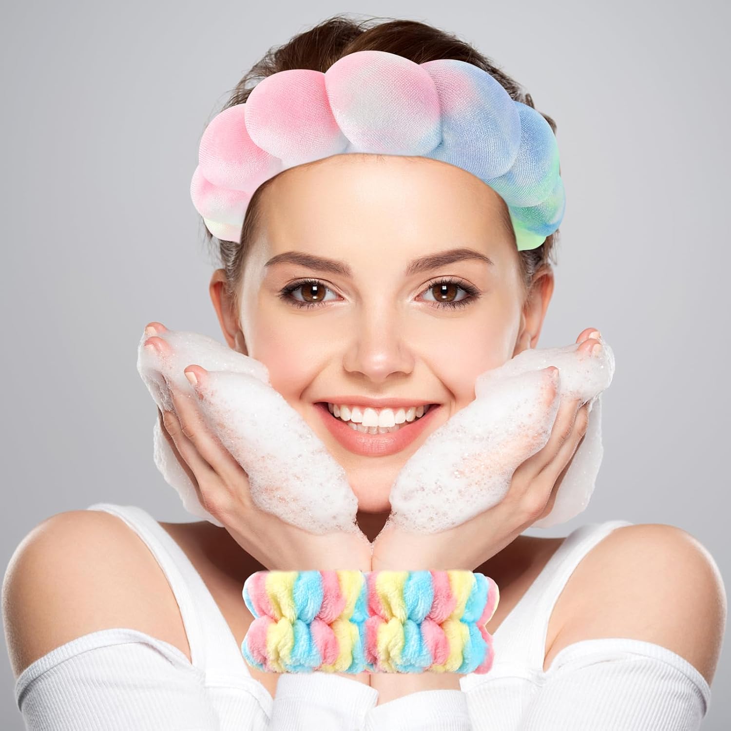 Zkptops Diadema de spa para lavar la cara, juego de esponja, maquillaje, cuidado de la piel, tela de terciopelo con burbujas, suave, para mujeres y