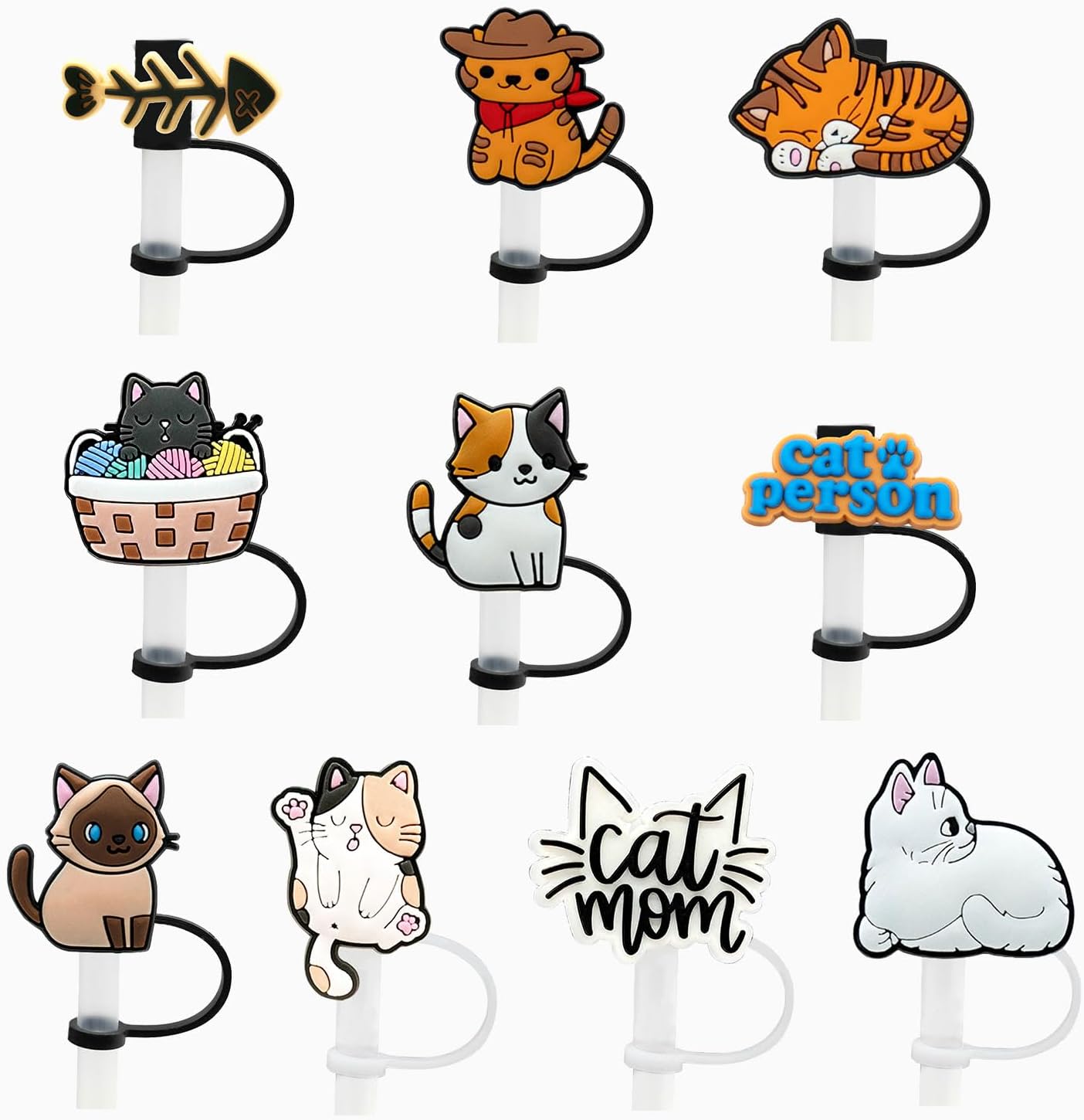 10 tapas de popote para copa Stanley, (lindo gato de dibujos animados) compatible con vaso Stanley de 30 y 40 onzas con asa, cubiertas de punta de