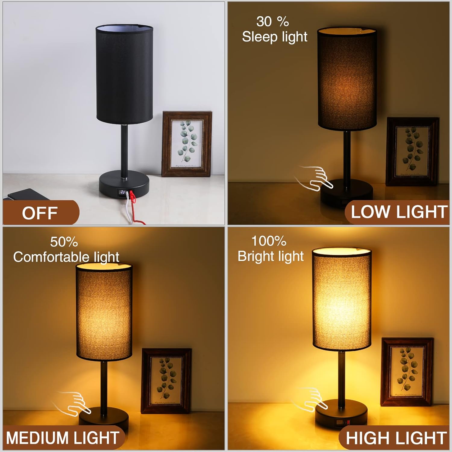 AXIQUE Lámparas de mesa para sala de estar, lámparas de escritorio para mesita de noche con puerto USB+C, control táctil, carga rápida inteligente,