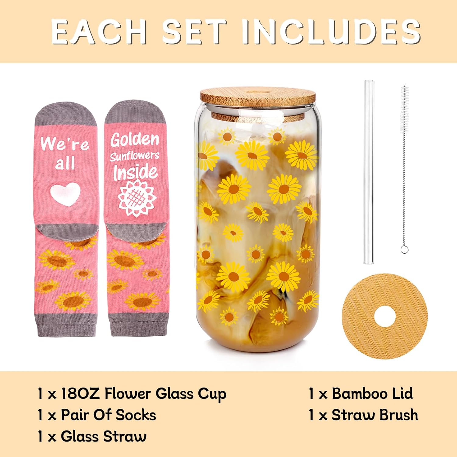 Mason Life Regalos de girasol, regalos de girasol para mujer, tazas de vidrio con tapas y pajitas, taza de girasol y calcetines divertidos, taza de