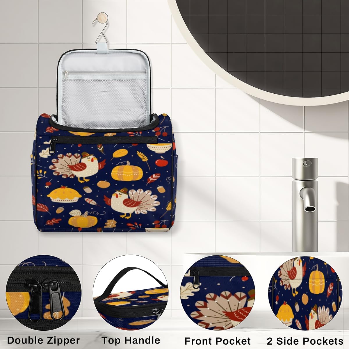 Thanksgiving Day Fun Style Toiletry Bag for Women Travel Makeup Organizer with Hanging Hook Traveling Cosmetic Bags for Toiletries Accessories