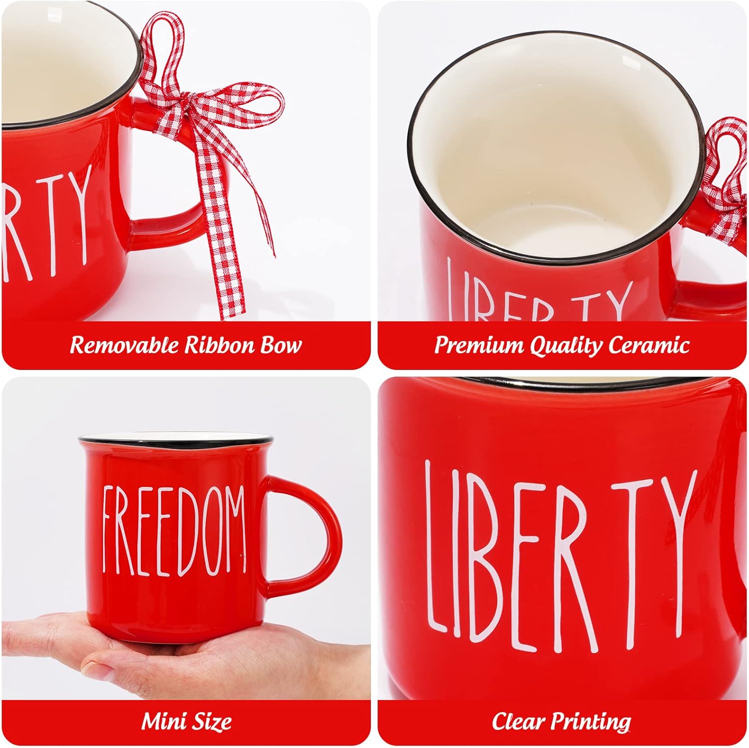 Whaline 6 mini tazas de café patrióticas con cinta a cuadros, rojo, azul, blanco, mini tazas para beber God Bless America, bandeja patriótica con