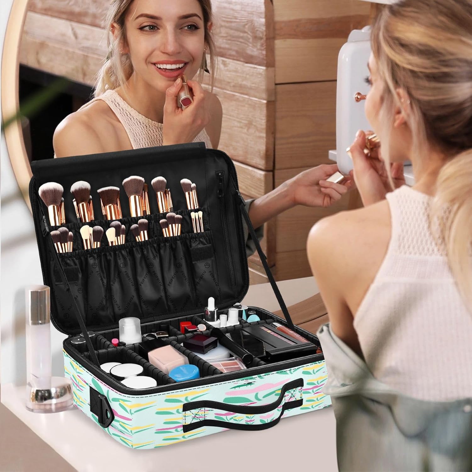 Flower Fashion Green travel cosmetic bags for women travel beauty bag makeup bag zipper portable travel makeup cosmetiqueras para maquillaje men