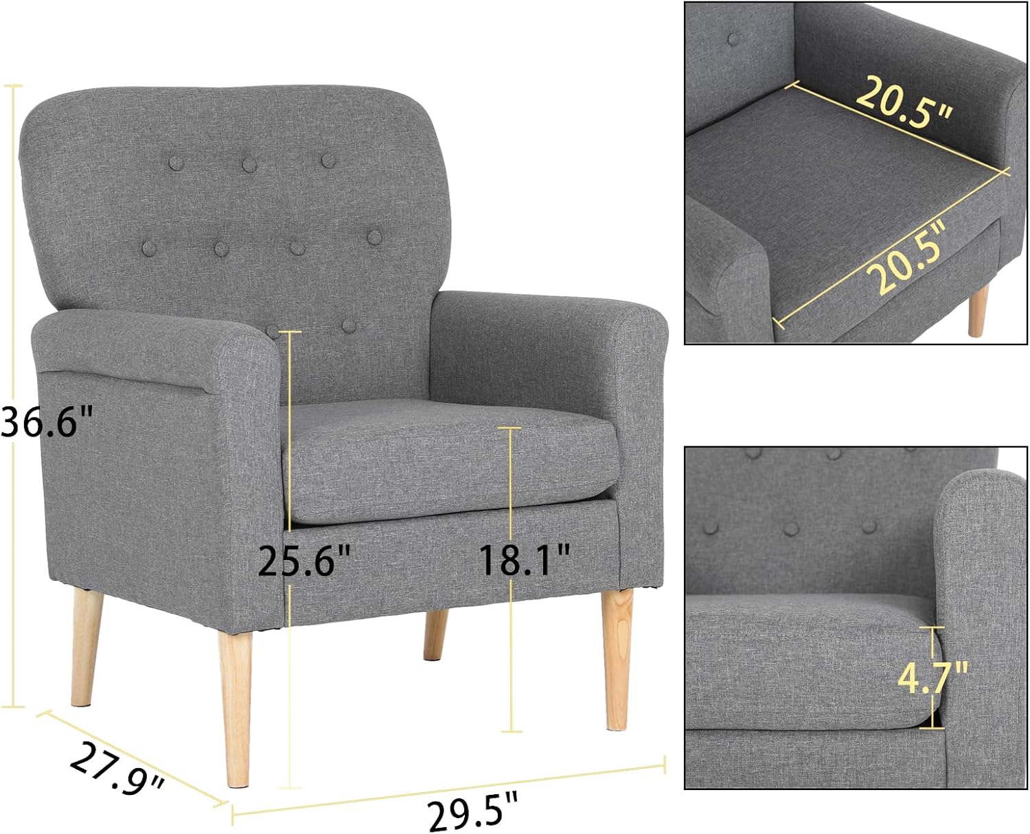 Silla decorativa de tela, sillón moderno de mediados de siglo, cómodo sofá individual con patas de madera, para sala de estar, dormitorio, oficina,