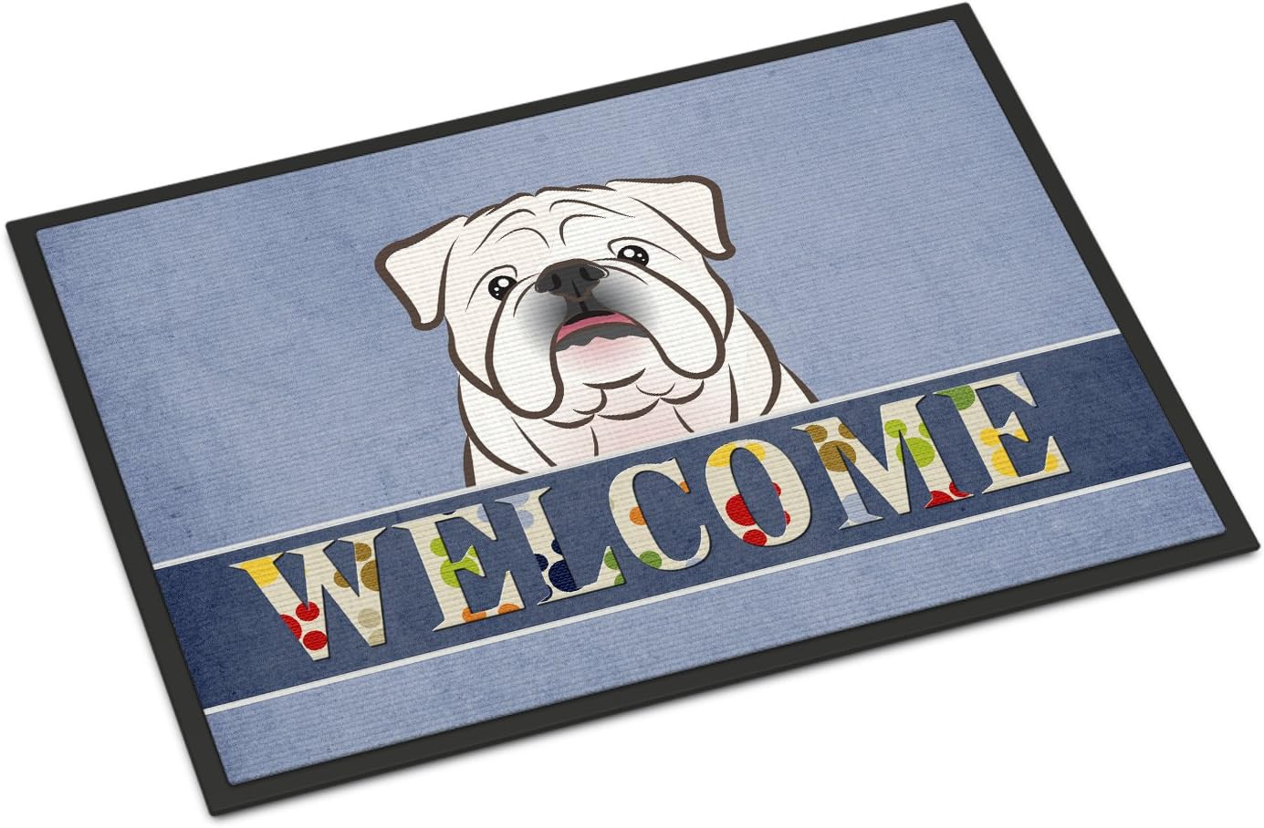 Caroline’s Treasures BB1406MAT – Tapete de bienvenida de bulldog inglés blanco de 18 x 27 pulgadas, tapete azul para puerta delantera, para