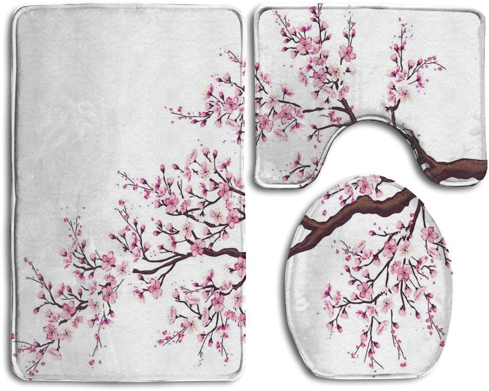 CoolsomeJies Branch of A Flourishing Sakura Tree Flowers Cherry Blossoms Spring Theme Art – Juego de alfombras de baño de 3 piezas, divertidas