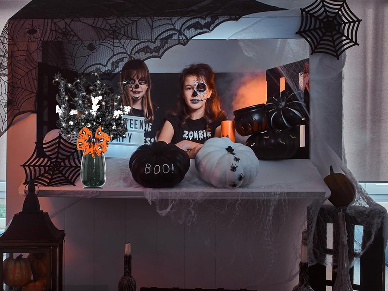 4 piezas de flores artificiales negras con purpurina de Halloween, murciélagos, ojos del diablo, tallos artificiales de ojos encantados, decoración
