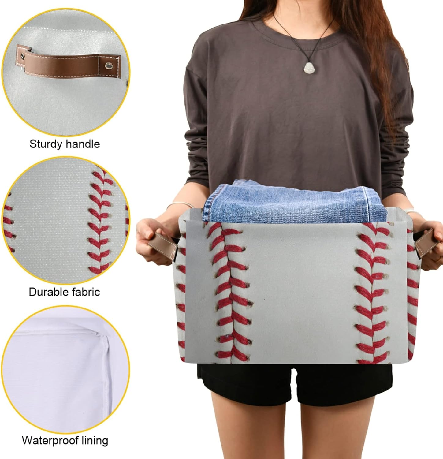Cestas de almacenamiento plegables, cubos de almacenamiento de béisbol con asas, organizador de tela decorativa, cajas de almacenamiento para