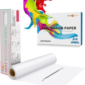HTVRONT Rollos de vinilo de transferencia de calor de 12 pulgadas x 20 pies blanco y 150 hojas de papel de sublimación de 8.5 x 11 pulgadas HTVRONT Rollos de vinilo de transferencia de calor de 12 pulgadas x 20 pies blanco y 150 hojas de papel de sublimación de 8.5 x 11 pulgadas