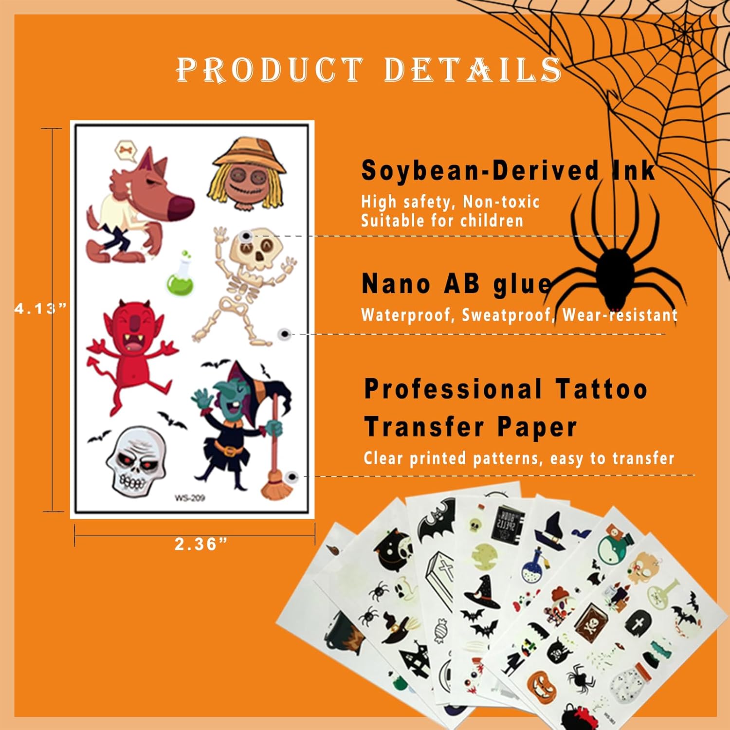 300+ Mixed Styles Temporary Tattoos for Halloween Fun – Both Cute and Scary Patterns – Pumpkin Sugar Spider Scar Skeleton Zombie & More Designs for
