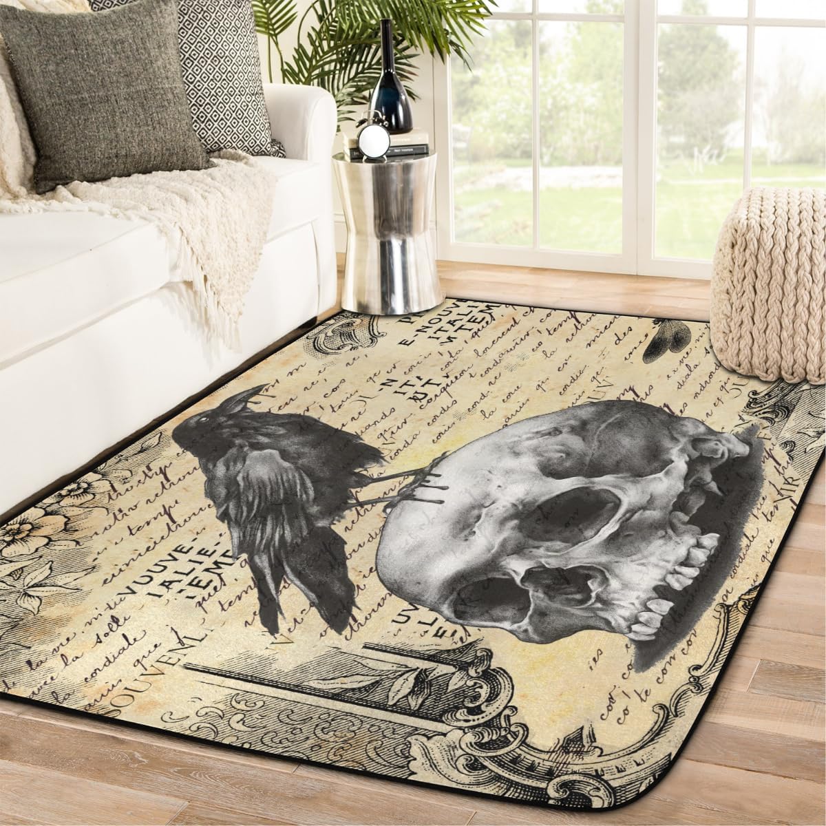 Alfombra de calavera de Halloween para sala de estar, dormitorio, 4 x 6 pies, alfombra vintage de cuervos negros para comedor, sala de juegos,