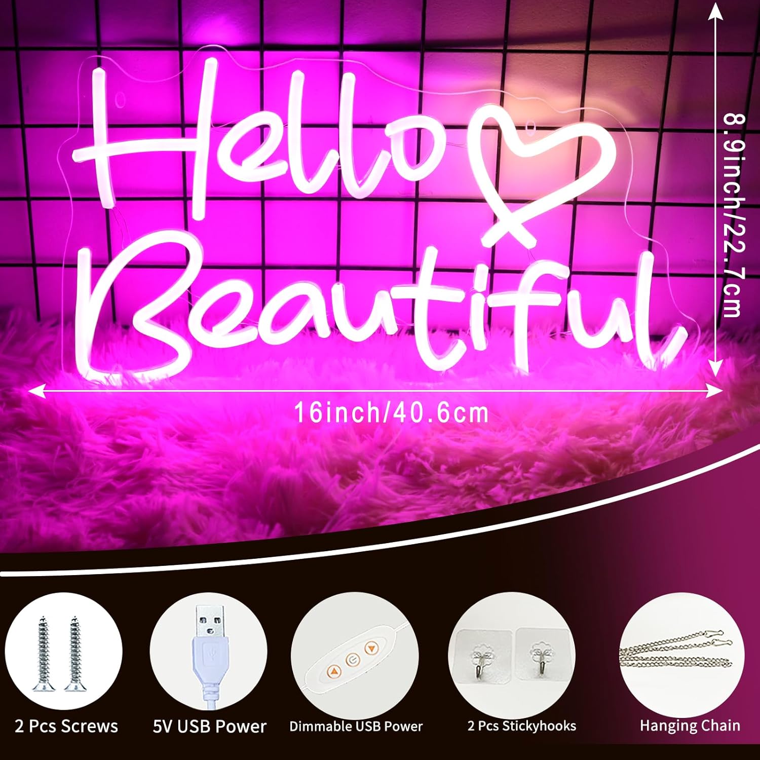 Neonawall Letreros de neón con texto en inglés Hello Beautiful, luz LED de neón para decoración de pared para despedida de soltera, cumpleaños,