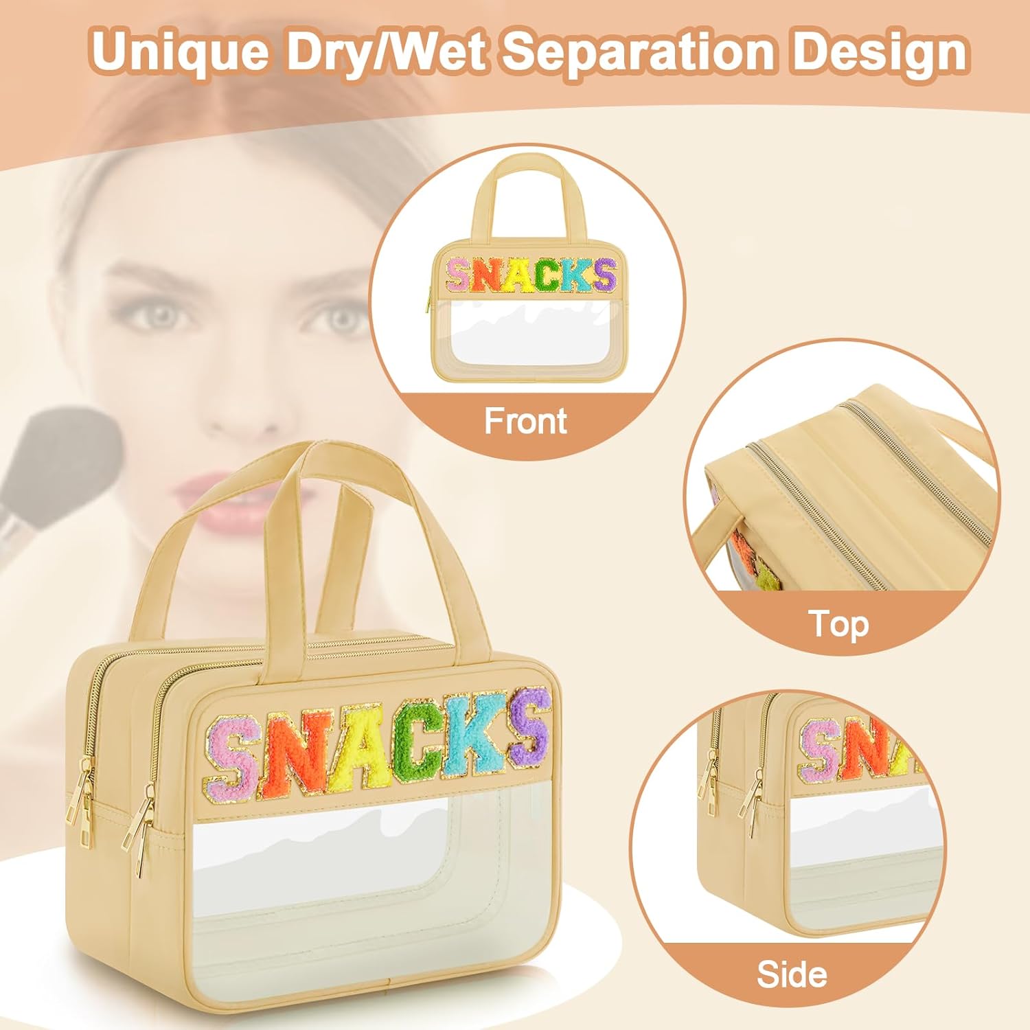 Bolsa de maquillaje transparente con letras de chenilla, bolsa de cosméticos de preparación con cremallera, bolsa de cosas impermeable para