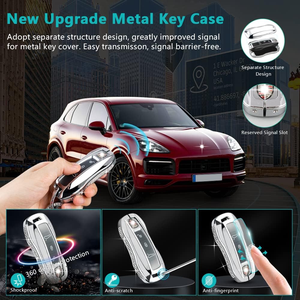 PIFOOG Accesorios para Porsche 911 Cayenne Taycan Panamera Bling Key Fob Cover Smart Remote Key Shell Case Protector Crystal Zinc Alloy Silver 1 PC