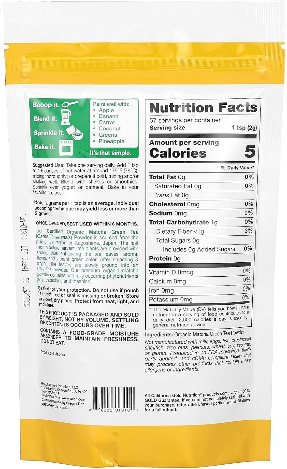California Gold Nutrition Superfoods, Té Verde Matcha Orgánico en Polvo, 4 oz (114 g)