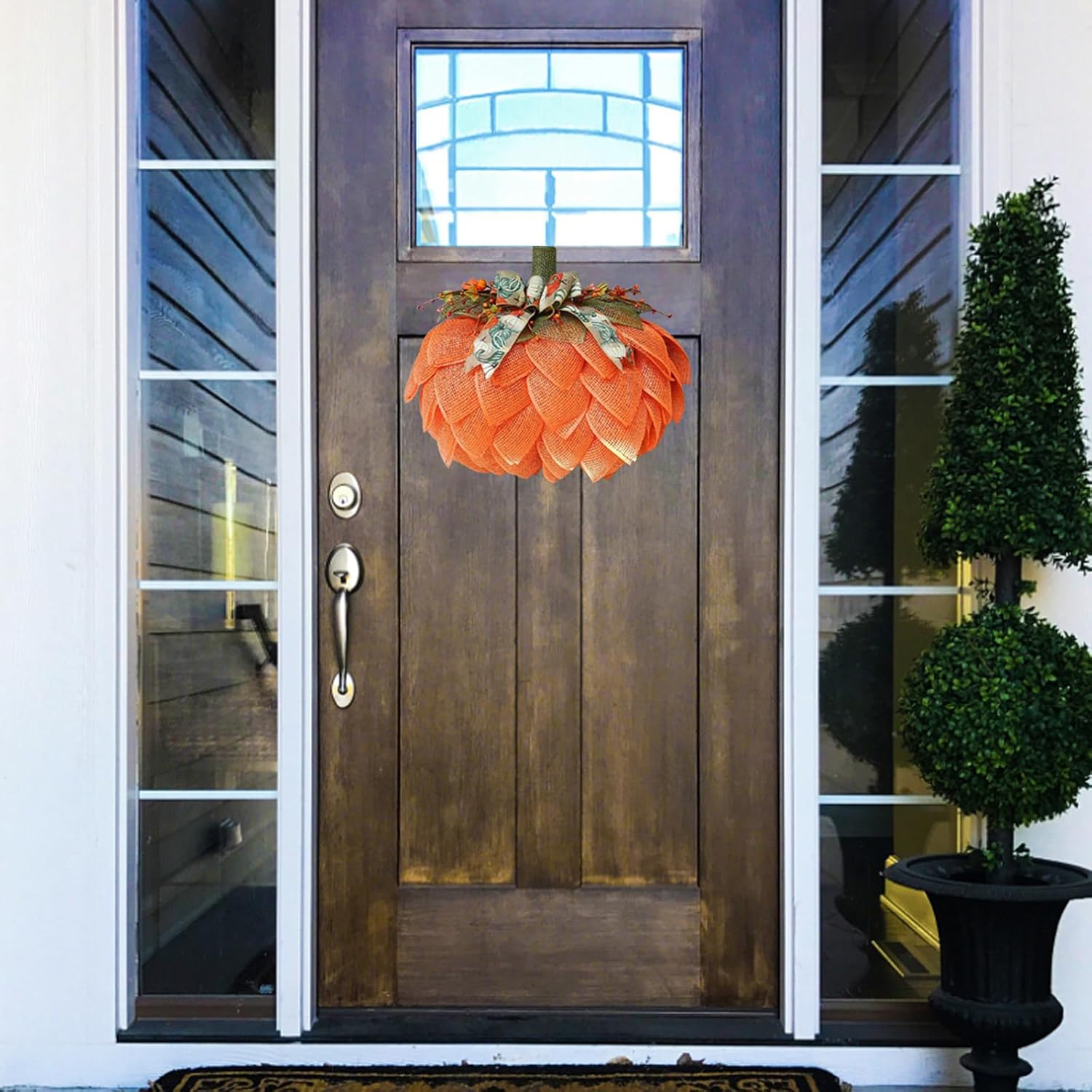 Corona de arpillera de otoño, corona de calabaza de arpillera, corona de calabaza de Acción de Gracias para puerta delantera, decoración de calabaza