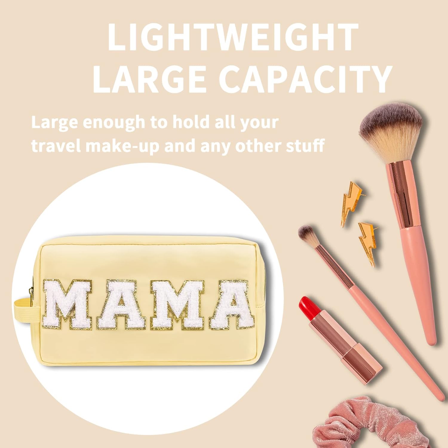 Iqimott Bolsa de maquillaje de parche Preppy, bolsa de maquillaje de letras de chenilla, bolsa de aseo pequeña, Mama-Beige
