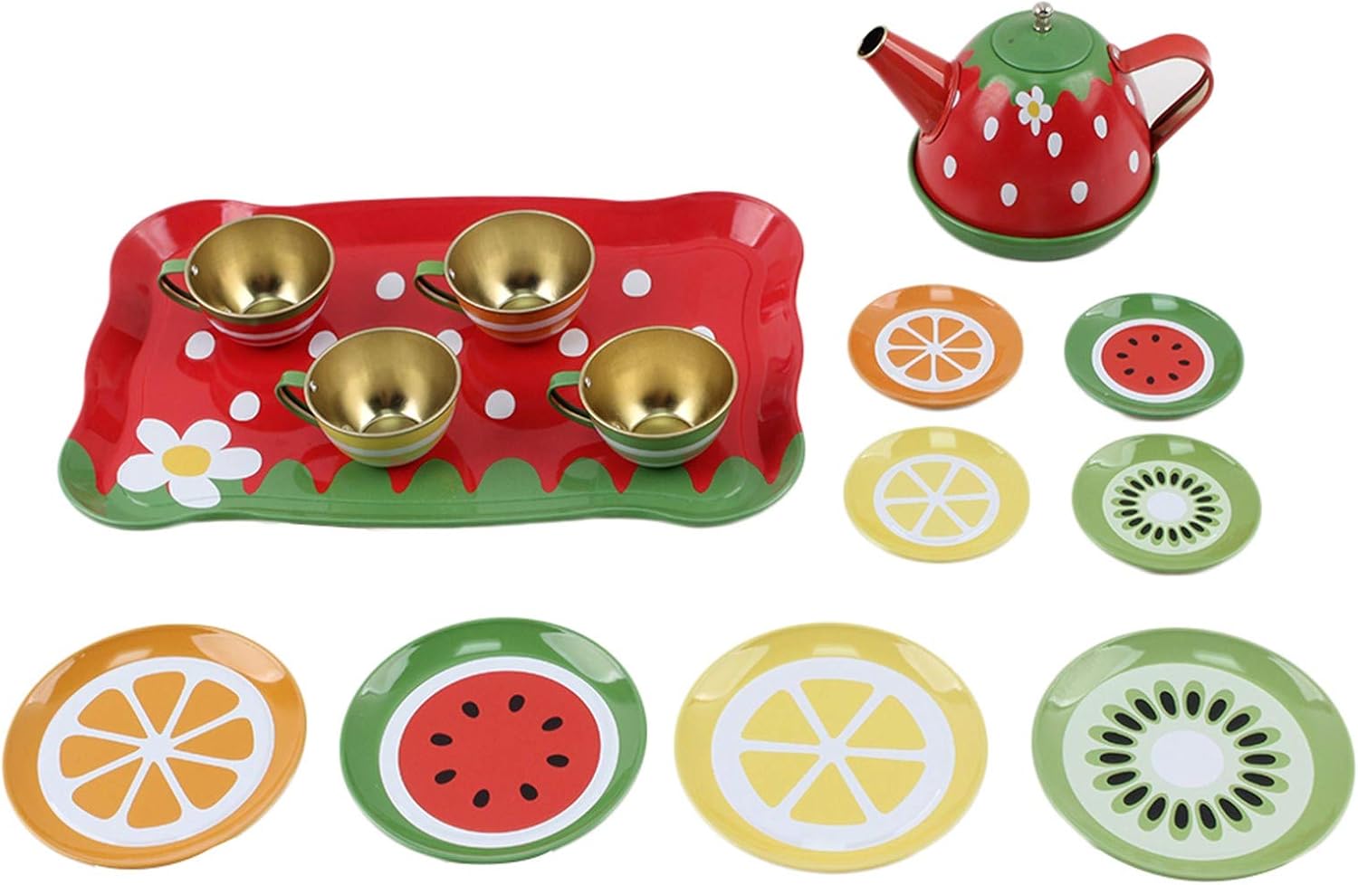 Juego de té de 14 piezas con temática de frutas para niños, construido de material seguro para alimentos, sin BPA, perfecto juguete preescolar de