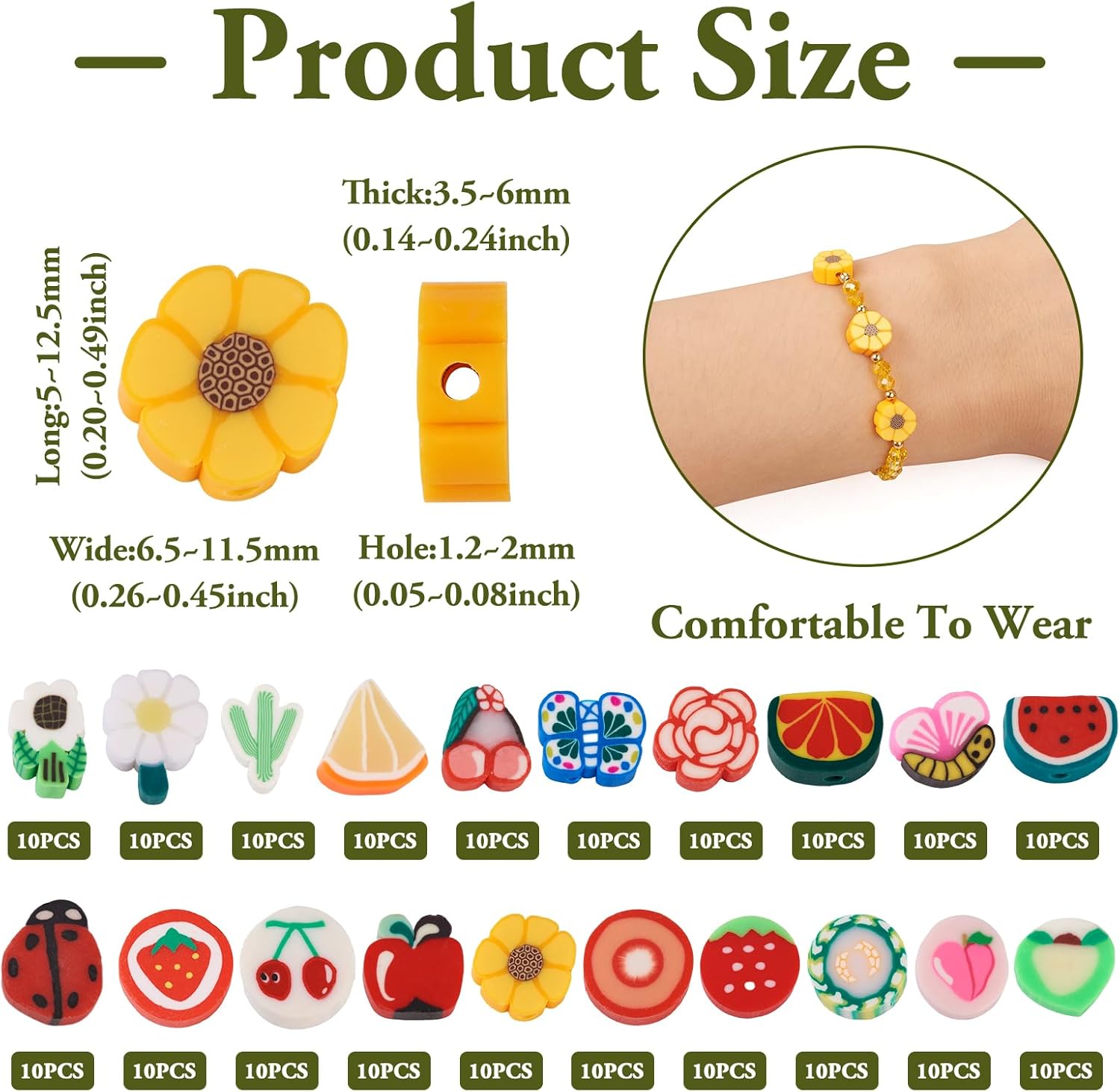 200 cuentas de arcilla polimérica con flores de fruta, variadas y lindas cuentas heishi de manzana, melocotón, dasiy, cuentas heishi, espaciadoras