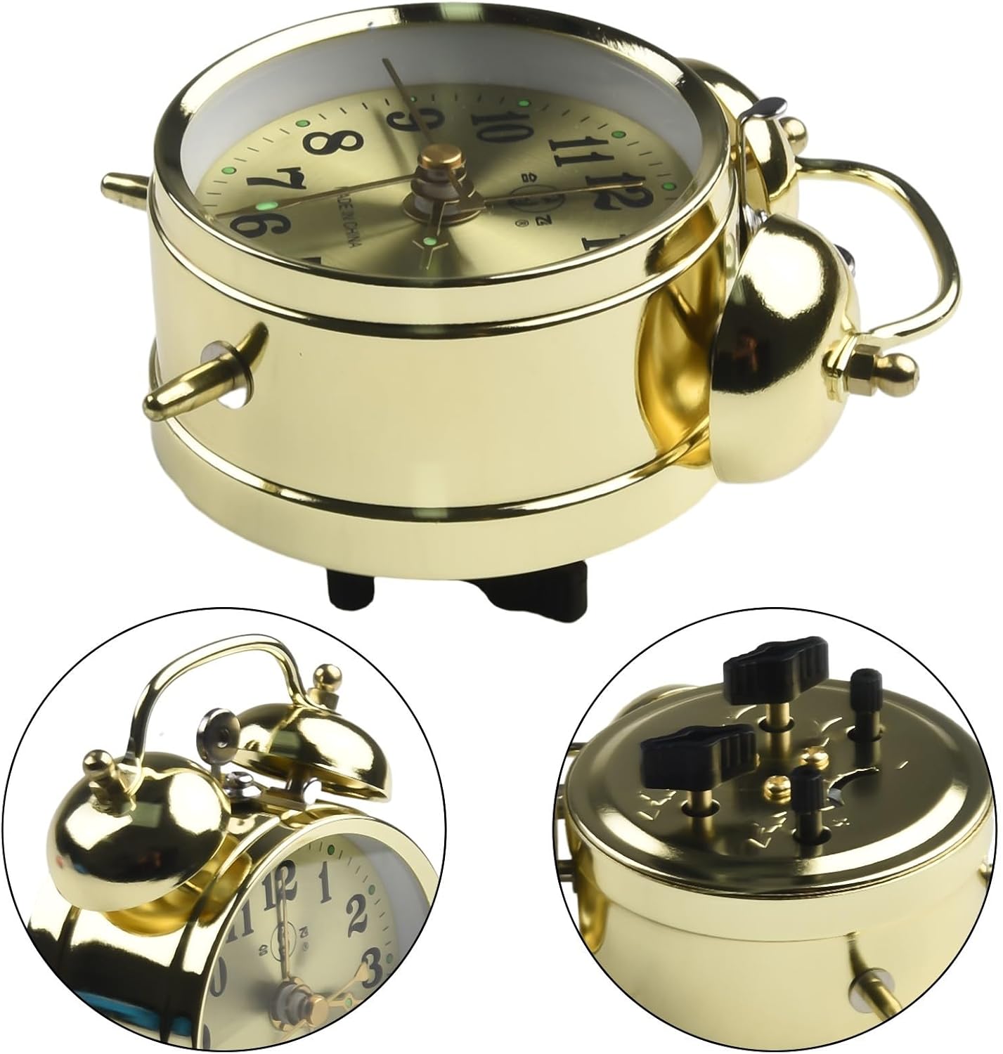 Reloj despertador de doble campana de 2.8 in para durmientes pesados, reloj despertador mecánico dorado de herradura, cuerda manual, reloj de metal