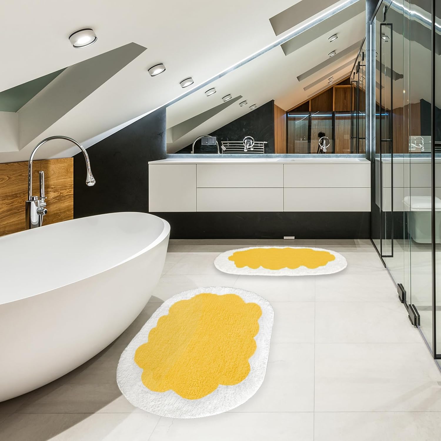 Juego de 2 alfombras y tapetes de baño, suaves y peludos para suelo de ducha, lavables a máquina (pudín de mousse crema)