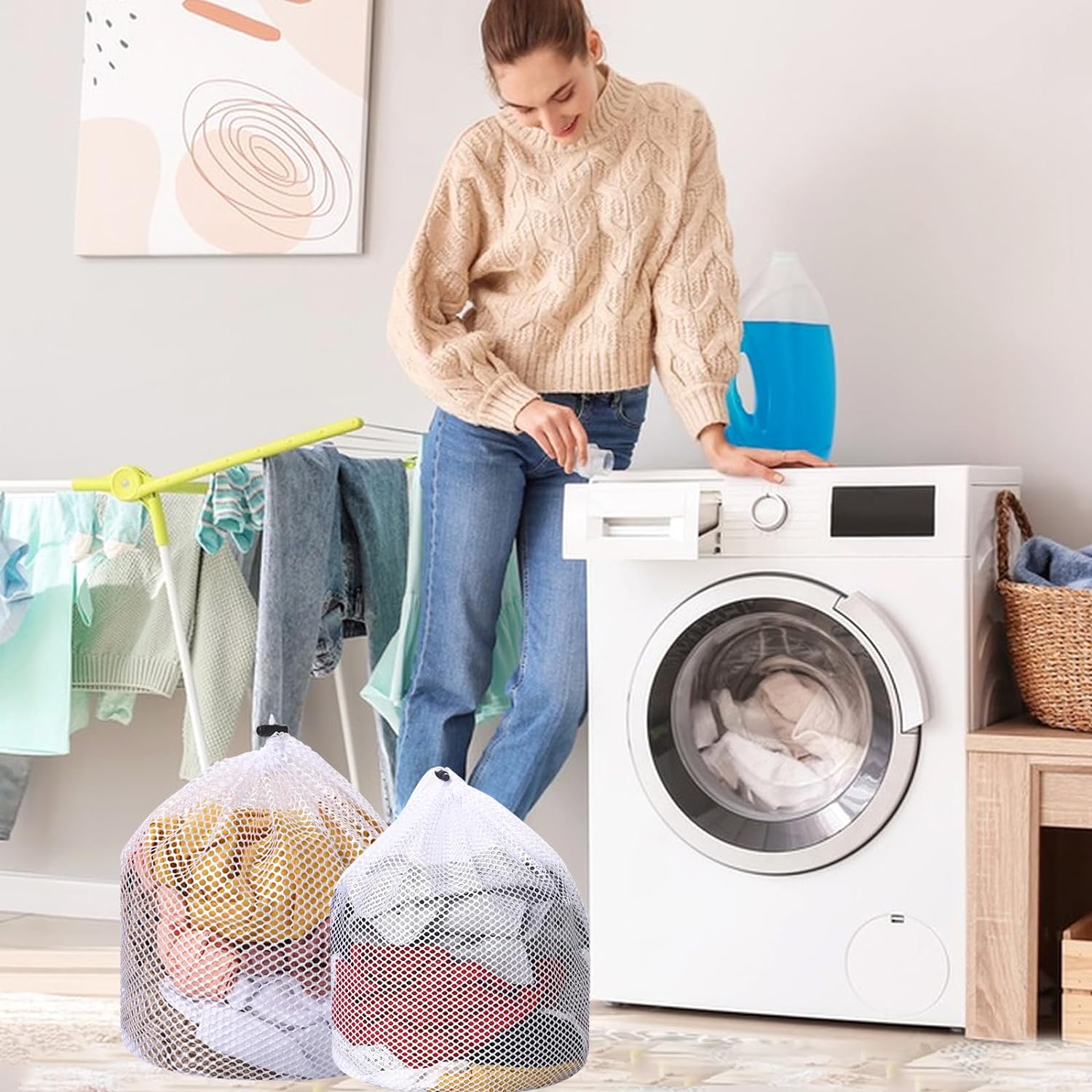 2 bolsas de malla para ropa sucia para calcetines, lavables a máquina, con diseño de cordón, bolsas de malla para lavado de ropa sucia con cordón